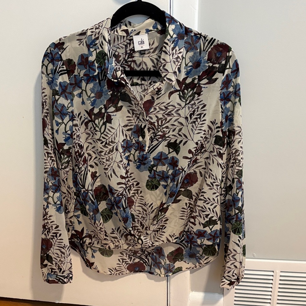 CAbi Victoria Floral Blouse - Blue, Purple, Green, and Cream - Picture 4 of 9
